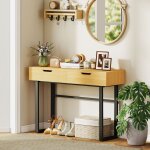 Console meuble 110 cm table console �troite avec 2 tiroirs cadre en m�tal et design sans poign�es bois ...