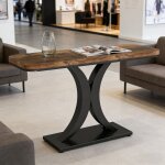 Console style industriel moderne grain bois brun base m�tallique noire mate dessus �pais incurv� 100x29. ...