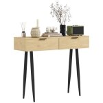 Console style nordique 2 tiroirs métal noir effet bois clair Console style nordique 2 tiroirs métal noir effet bois clair