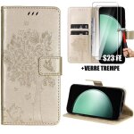 Coque + 2 verres tremp�s pour samsung galaxy s23 fe protection cuir pu dor� avec motif chat arbre papillon ...