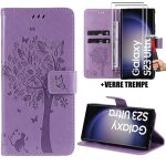 Coque + 2 verres tremp�s pour samsung galaxy s23 ultra protection anti - rayures effet cuir violet motif ...