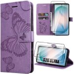 Coque hybride - booling - pour samsung galaxy s26 ultra - cuir pu violet motif papillon - 2 vitres