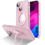 Coque pour iphone 15 plus - protection translucide rose antichoc avec support magn�tique rotatif et protection ...