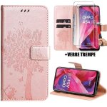 Coque pour oppo a54 5g avec 2 verres tremps protection antichoc synthcuir rose motif arbre chat fleur ...