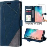 Coque rabat pour samsung galaxy s10 protection synth�cuir bleu marine et 2 verres tremp�s