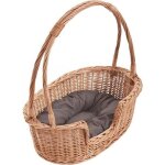 Corbeille pour chien ou chat ovalepanier en osier avec un poigne et un coussin marron.