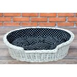 Panier ovale pour chien en osier blanc doubl� coussin noir � pois blancs - 75 x 57 cm