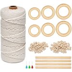 Corde en macram� 3mm x 100m corde en coton avec 100 perles en bois 6 cr�oles en bois 4 b�tons en bois ...