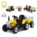 Costway 12v tracteur lectrique enfants  6 pneus - pelle remorque amovible led musique - tlcommande ...