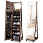 Costway 3 en 1 armoire � bijoux led sur roulettes - miroir psych� sans cadre - �tag�res r�glables - verrouilla ...