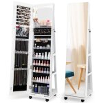 Costway 3 en 1 armoire � bijoux led sur roulettes - miroir psych� sans cadre - �tag�res r�glables - verrouilla ...