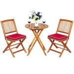 Costway 3pcs salon de jardin pliable en bois dacacia - 1 table 2 chaises 2 coussins rouge amovibles - ...