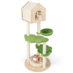 Costway arbre  chat 139 cm en bois - poteau griffoir condo panier lit pour chat 2 plate - forme - tour ...