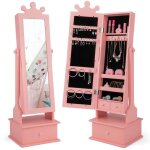 Costway armoire � bijoux 2 en 1 avec miroir pour enfant 34x30x103 - 113 cm avec 3 tiroirs 2 angles dinclinaiso ...