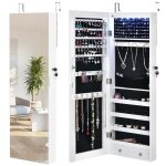 Costway armoire  bijoux  fixation murale / porte 6 led et 2 tiroirs avec miroir grand format blanche ...