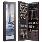 Costway armoire  bijoux murale led miroir6 tiroirs hauteur du crochet ajustable 120x365x115cm en bois ...