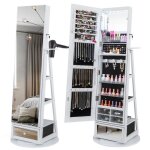 Costway armoire � bijoux pivotante � 360� - miroir pleine longueur lumi�res led etag�re 3 niveaux porte ...