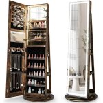 Costway armoire � bijoux sur pieds avec led et miroir pivotant 360� verrouillable 3 �tag�res rangement ...