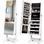 Costway armoire � bijoux sur pied avec miroir inclinable serrure doublure et divers espaces de rangement ...