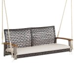 Costway banc suspendu de jardin en rotin - 2 place accoudoirs en bois dacacia cadre en m�tal coussin ...
