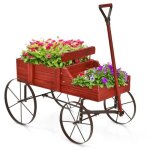 Brouette de jardin en bois costway - 2 compartiments  planter - roues mtalliques - rouge