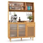 Costway buffet - armoire de cuisine en bambou - placards  porte coulissante tiroir porte - verre 3 crochets ...