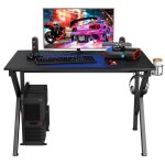 Costway bureau gamer table informatique 115 x 75 x 76 cm avec porte - gobelet stable k cadre en acier ...