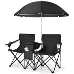 Chaise de camping pliante 2 places avec parasol - costway - noir - sac isotherme porte - gobelet accoudoirs ...