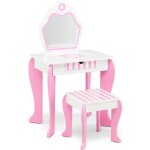 Costway coiffeuse pour enfants avec miroir et tabouret en bois - style princesse cadeau pour filles rose ...