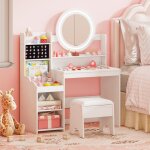 Costway coiffeuse enfants avec tabouret miroir & lumi�res - �tag�res ouvertes 84 x 37 x 107 cm blanc