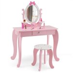 Costway coiffeuse pour enfant avec tabouret table maquillage en bois avec miroir rotatif ovale tiroir ...