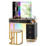 Costway coiffeuse avec miroir et tabouret - lumire led rvb chargeur sans fil usb type - c tlcommande ...