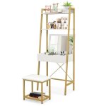 Costway coiffeuse scandinave - miroir rabattable tabouret - table de maquillage - 2 tagres ouvertes ...