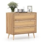 Costway commode en rotin � 3 tiroirs avec 3 grands tiroirs et pieds en bois de pin style ferme pour salon ...