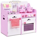 Costway cuisine enfants en bois avec sons r�el - 13 accessoires 60 x 295 x 62 cm avec po�le pot placard ...