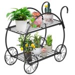 Porte - plantes � 2 niveaux costway en fer forg� 34x66x625cm �tag�re � fleurs avec 4 roues d�coratives ...