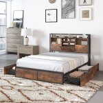 Costway lit double industriel pour adulte 160x200cm - prises usb tiroirs sur roulettes espace de rangement ...