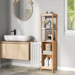 Costway meuble colonne de salle de bain en bambou avec porte � lattes �tag�re r�glable 30 x 30 x 129 ...
