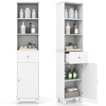 Costway meuble colonne de salle de bain avec porte et tiroirs sac � linge et 2 compartiment ouvert �tag�res ...
