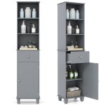 Costway meuble colonne de salle de bain avec porte et tiroirs sac � linge et 2 compartiment ouvert �tag�res ...