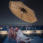 Costway parasol de plage 282 cm inclinable en paille pe - 32 led et lumi�re centrale 8 baleines manivelle ...