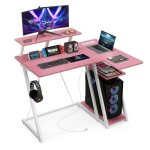 Costway petit bureau d?angle - support d?cran pour pc avec prises et ports usb crochet tagre de rangement ...