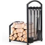 Costway porte - bche de chemine en fer avec 4pcs serviteurs de cheminepince brosse pelle tisonnier ...