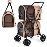Costway poussette buggy pliable chien double cage d�tachable 4 roues avec porte bidirectionnel en tissu ...