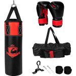 Costway sac de boxe frappe enfants 60cm - gants de boxe - bandage 240 cm - sac de rangement - remplis ...