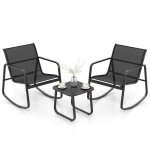 Costway salon de jardin 3 pcs en mtal + textilne - ensemble chaises  bascule et table en verre tremp ...