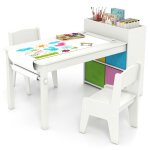 Costway table et 2 chaises enfant - support et rouleau de papier - �tag�res ouvertes - 4 bacs en tissu ...