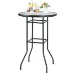 Costway table de bar de jardin en verre tremp - h 97cm patins antidrapants cadre en mtal enduit de ...