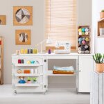 Costway table de couture pliante xl - 3 bacs et 1 etag�re de rangement pour bobines - salon bureau studio ...