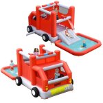 Costway toboggan aquatique gonflable sur th�me voiture de pompiers avec piscine � eclaboussures ballon ...
